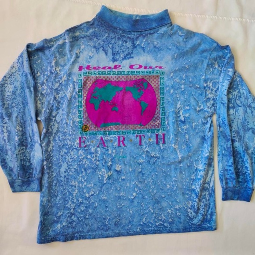 Vintage 90s Bohemian Blue‎ Tie-Dye Graphic Earth Hippie Turtleneck Cotton L/XL